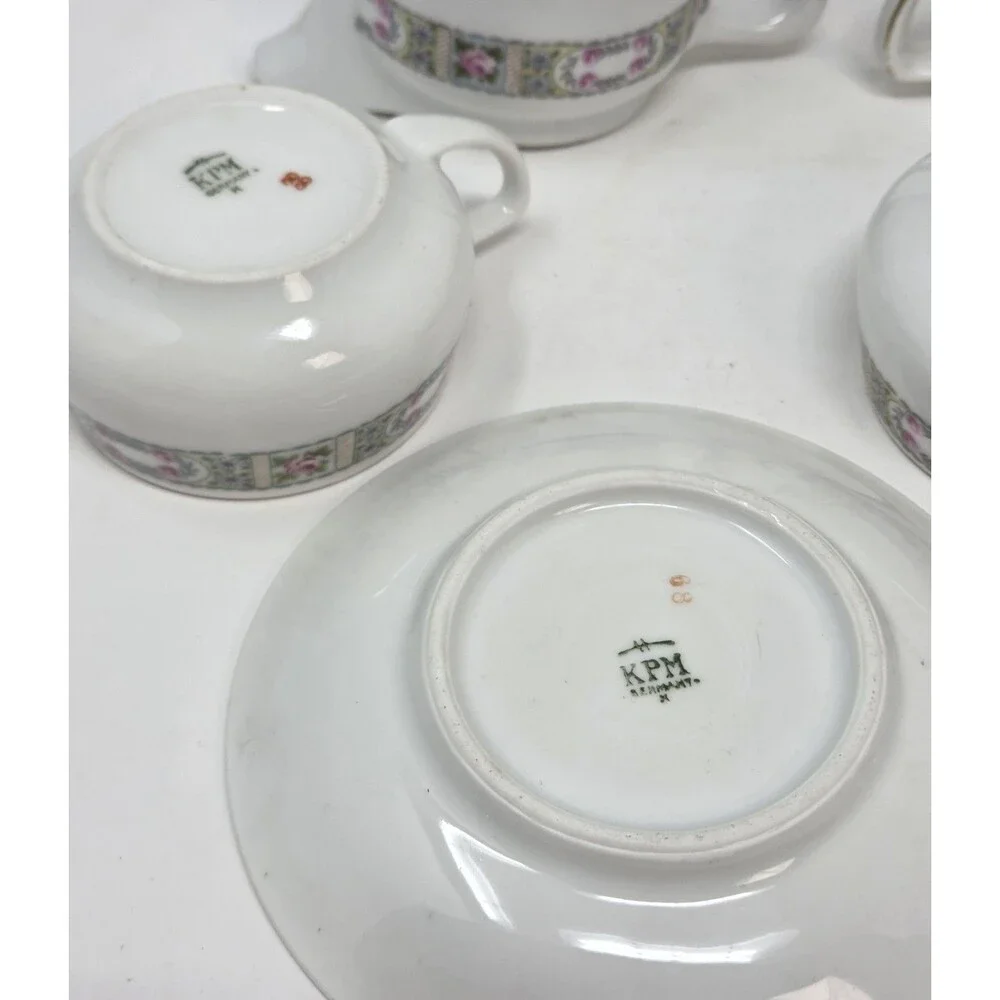 KPM Germany Antique‎ Porcelain Tea Set Creamer Sugar 2 Cups Saucers Rose 1900s